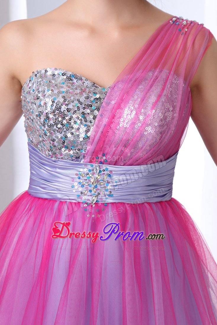 One Shoulder Beaded and Ruched Prom Evening Dresses in Hot Pink