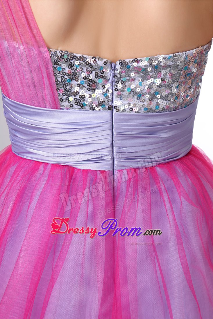 One Shoulder Beaded and Ruched Prom Evening Dresses in Hot Pink