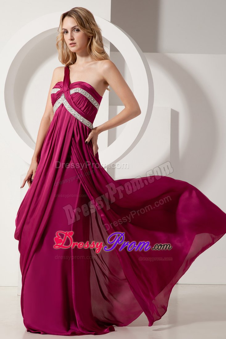 Beaded and Ruched Fuchsia One Shoulder Chiffon Prom Evening Dress