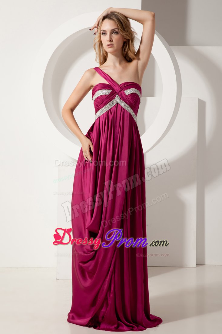 Beaded and Ruched Fuchsia One Shoulder Chiffon Prom Evening Dress
