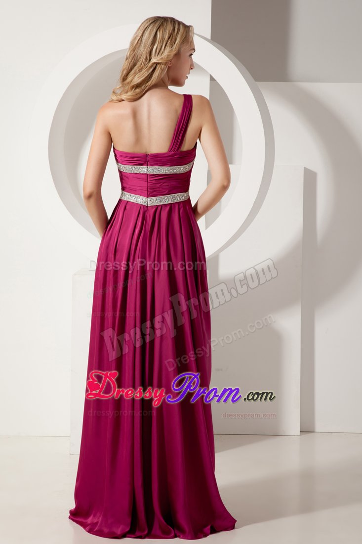 Beaded and Ruched Fuchsia One Shoulder Chiffon Prom Evening Dress