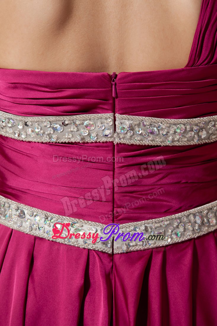 Beaded and Ruched Fuchsia One Shoulder Chiffon Prom Evening Dress