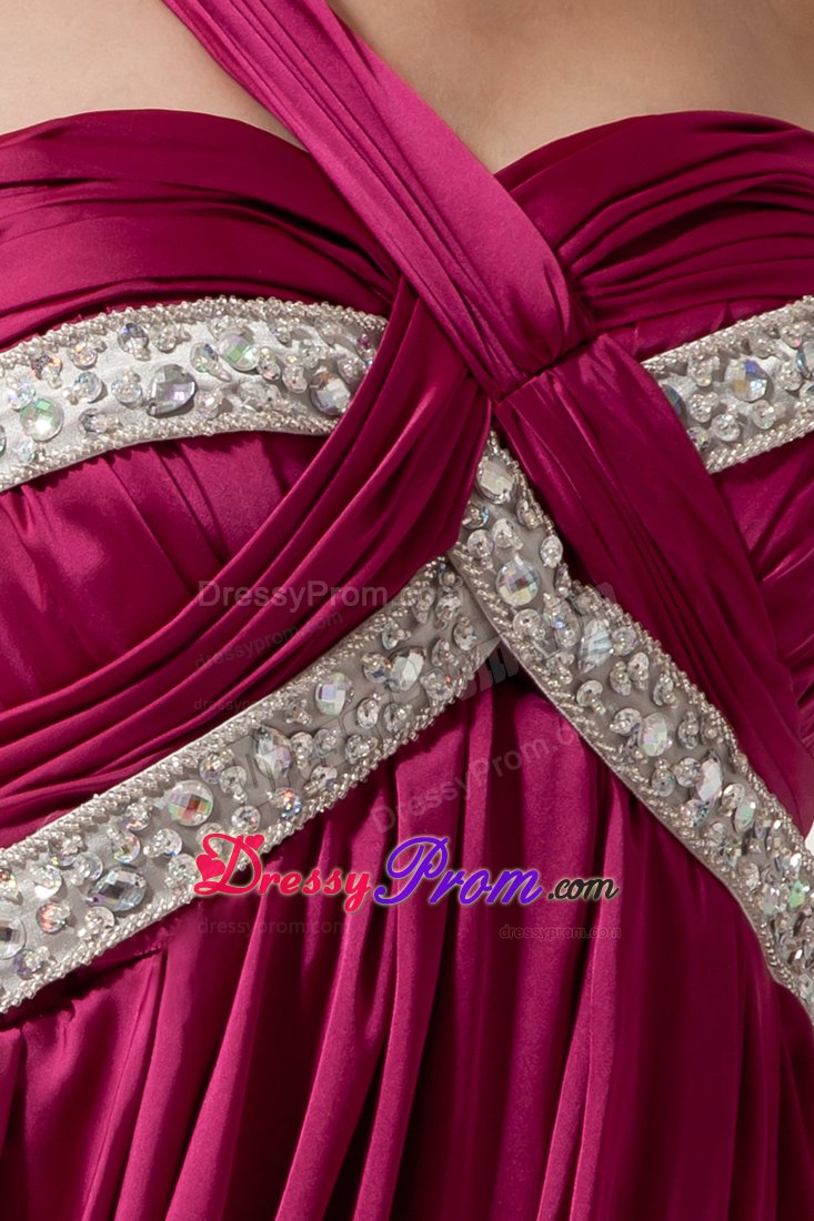 Beaded and Ruched Fuchsia One Shoulder Chiffon Prom Evening Dress