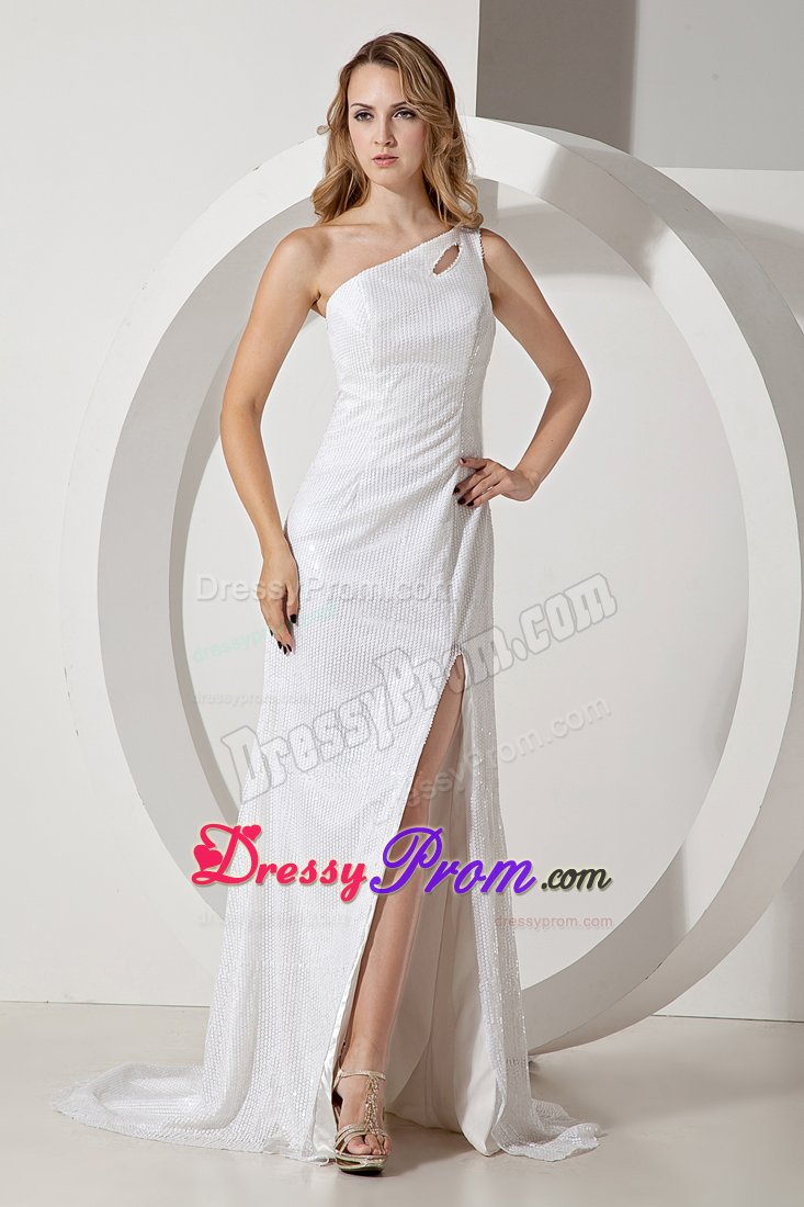 Brush Train one Shoulder Slitted White Sequins Prom Party Dress