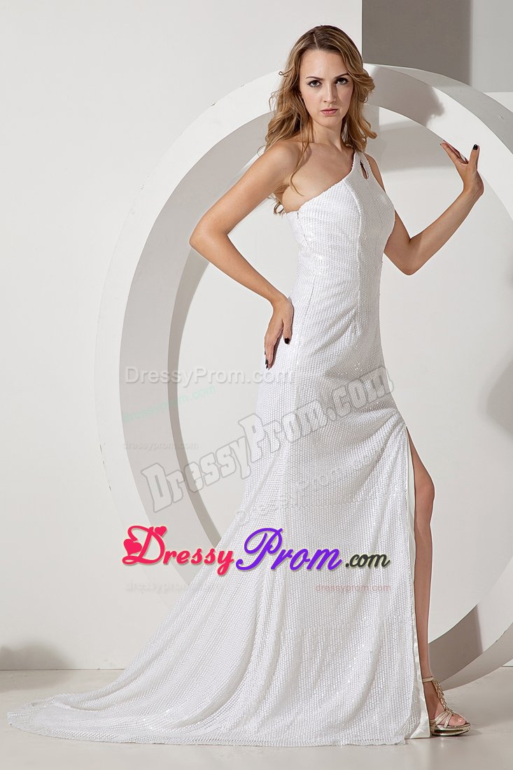 Brush Train one Shoulder Slitted White Sequins Prom Party Dress
