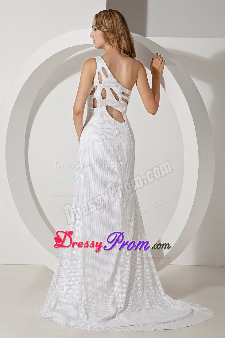 Brush Train one Shoulder Slitted White Sequins Prom Party Dress
