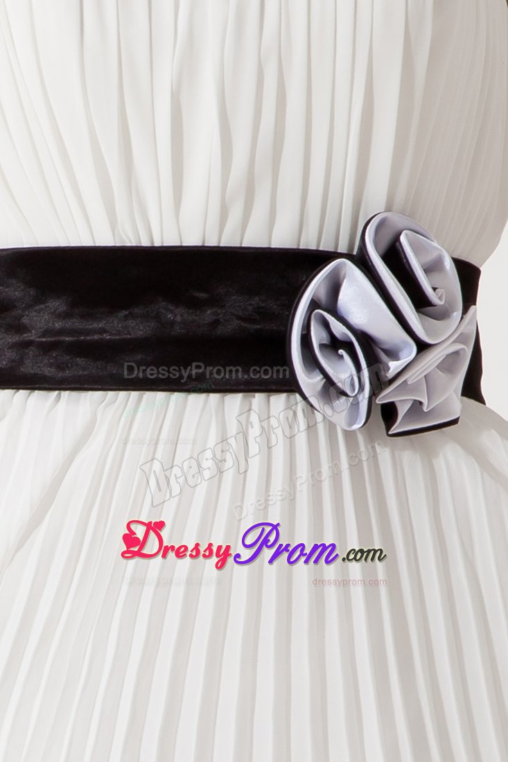 Black Sash and Pleats Accent White Chiffon Prom Evening Dresses