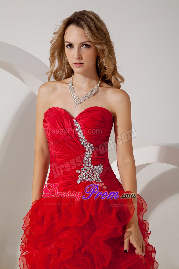 Exclusive High-low Ruffled Red Prom Dress with Rhinestones