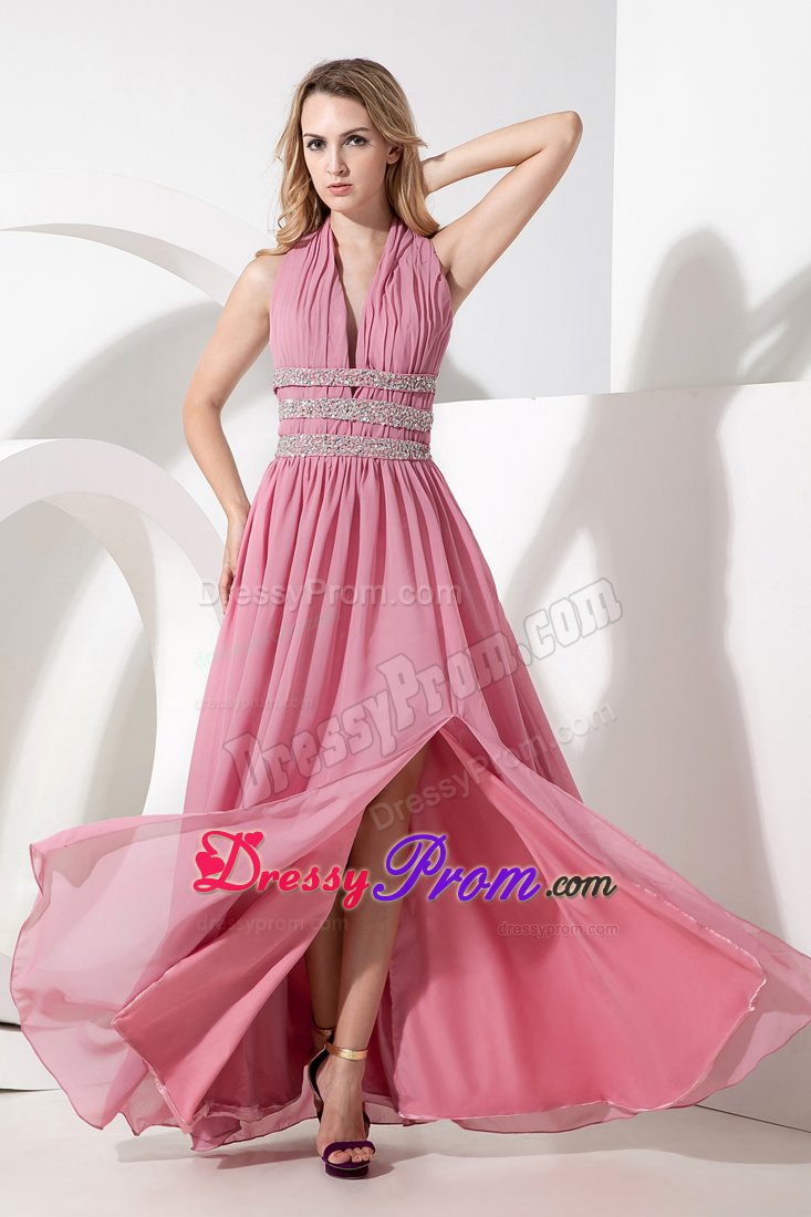 Empire Halter Ruched Slitted Rose Pink Prom Evening Dresses