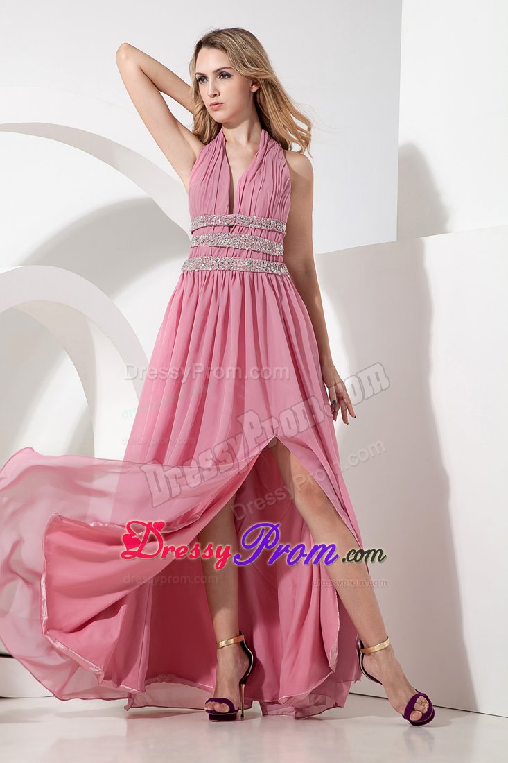 Empire Halter Ruched Slitted Rose Pink Prom Evening Dresses