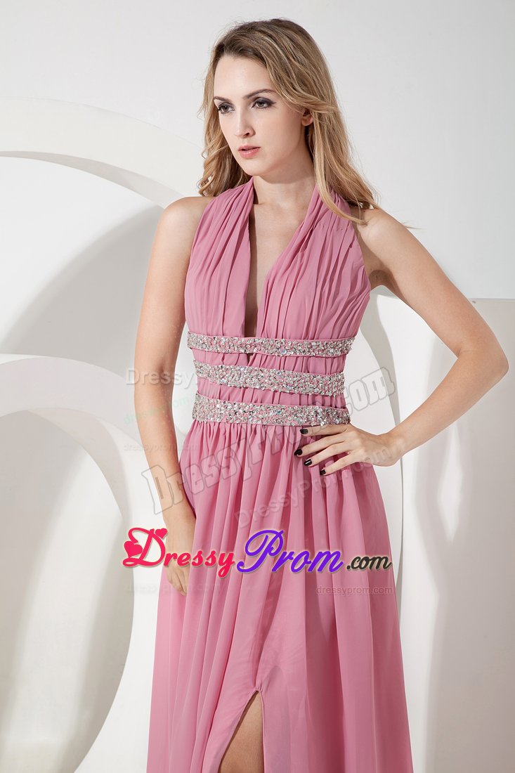 Empire Halter Ruched Slitted Rose Pink Prom Evening Dresses