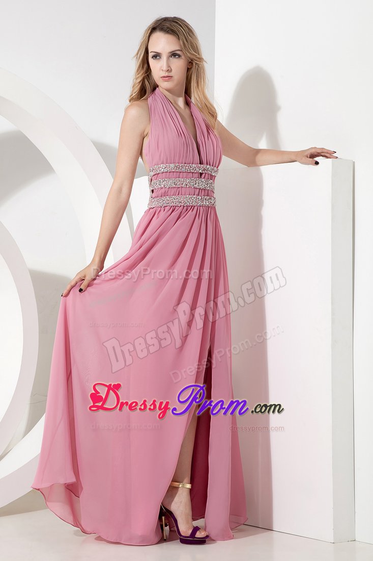 Empire Halter Ruched Slitted Rose Pink Prom Evening Dresses