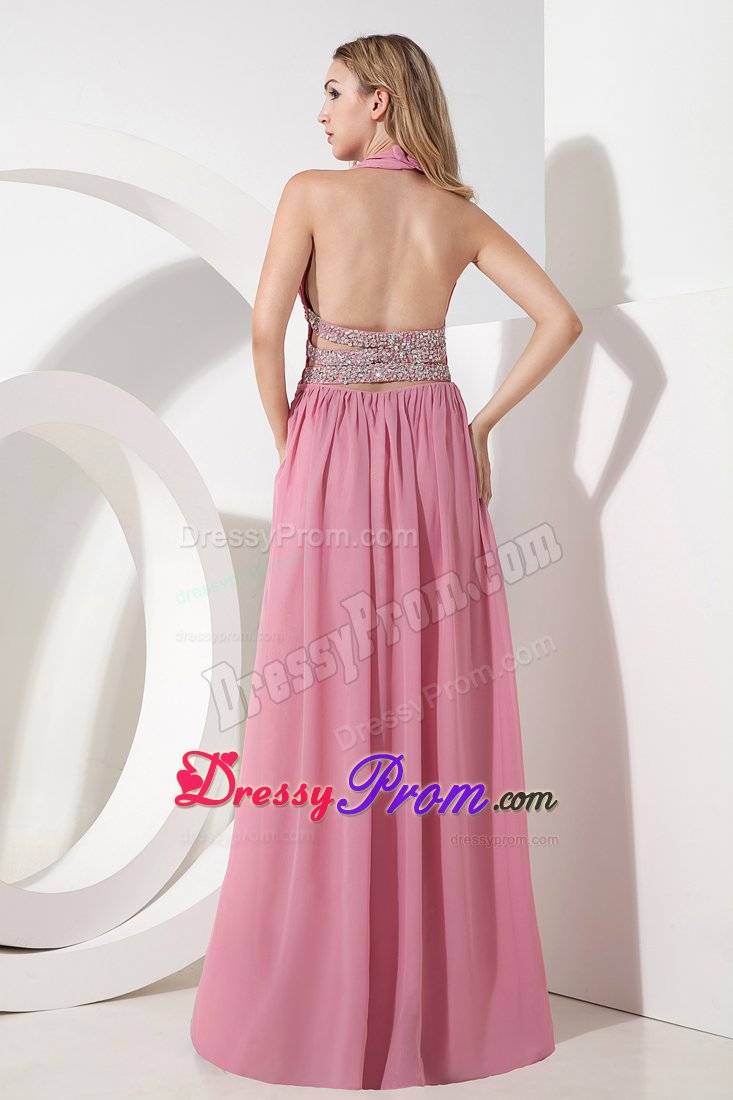Empire Halter Ruched Slitted Rose Pink Prom Evening Dresses