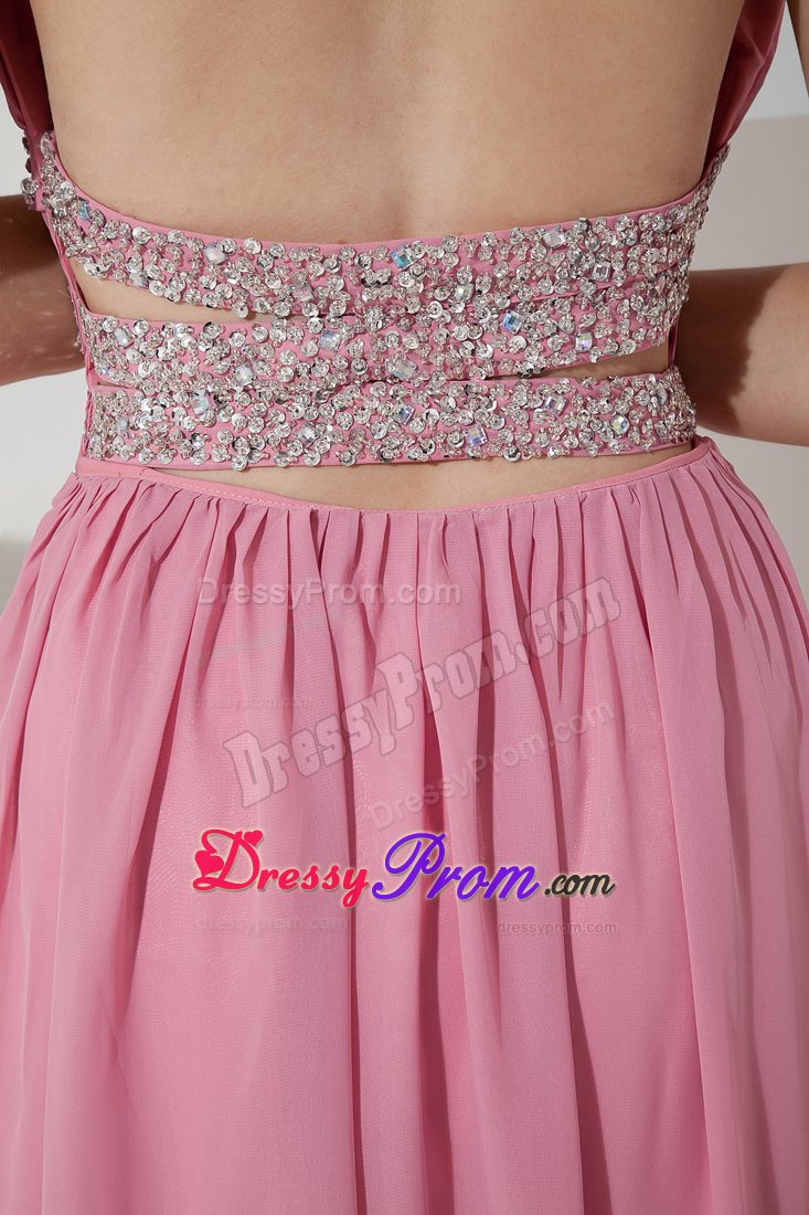 Empire Halter Ruched Slitted Rose Pink Prom Evening Dresses