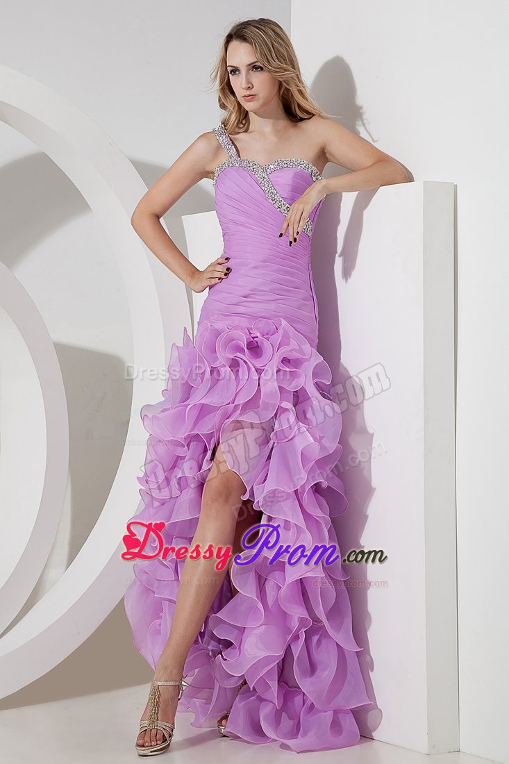 Lovely one Shoulder High-low Lavender Prom Dress with Ruffles