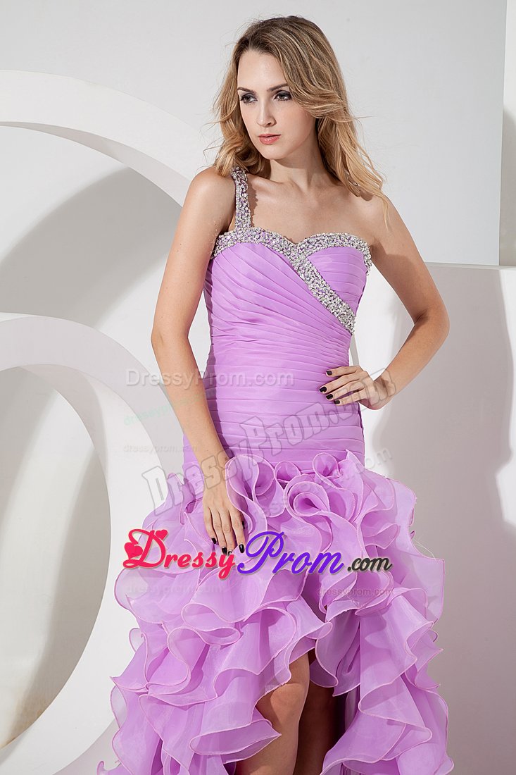 Lovely one Shoulder High-low Lavender Prom Dress with Ruffles