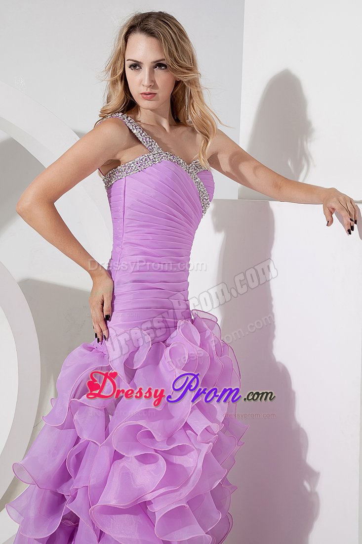 Lovely one Shoulder High-low Lavender Prom Dress with Ruffles