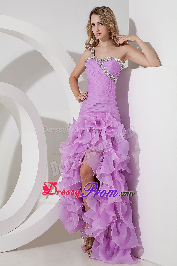 Lovely one Shoulder High-low Lavender Prom Dress with Ruffles