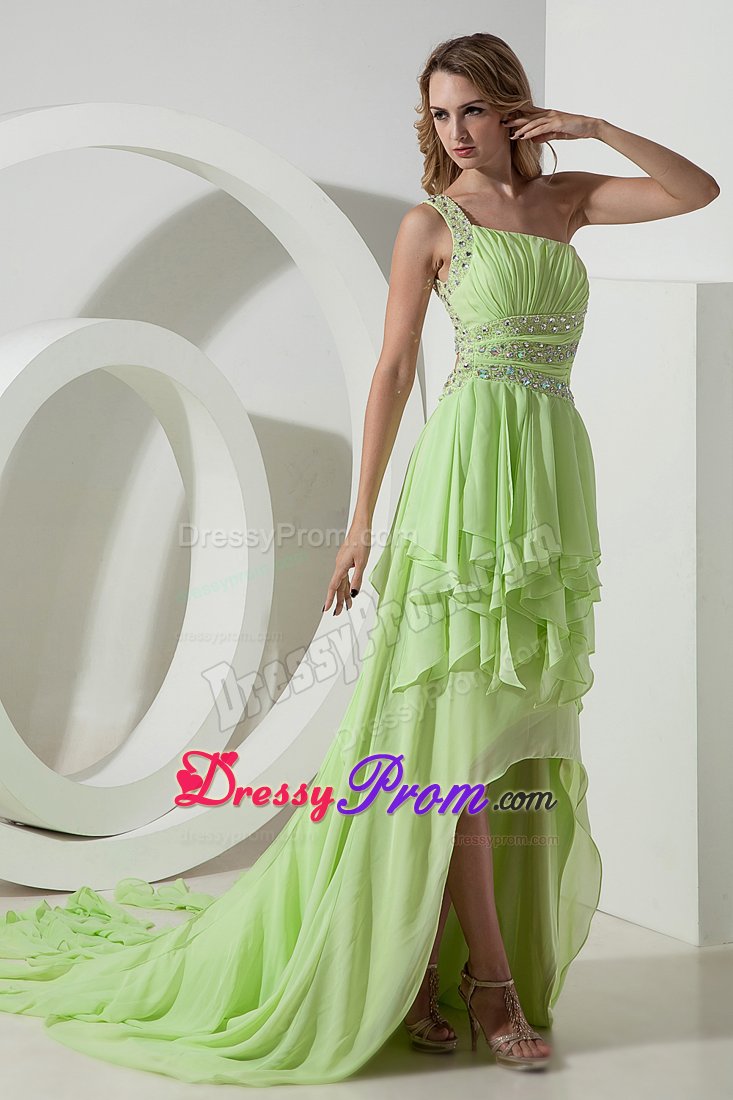 Special High-low Ruffled Yellow Green Prom Dress one Shoulder