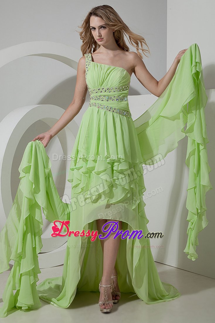 Special High-low Ruffled Yellow Green Prom Dress one Shoulder