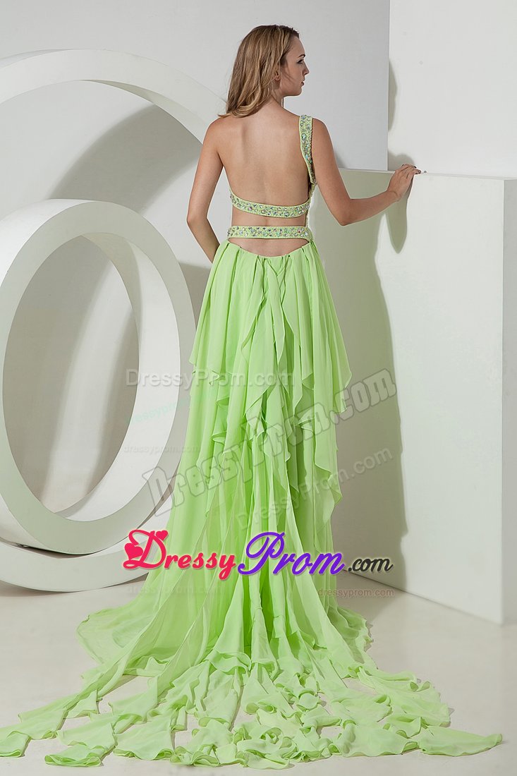 Special High-low Ruffled Yellow Green Prom Dress one Shoulder