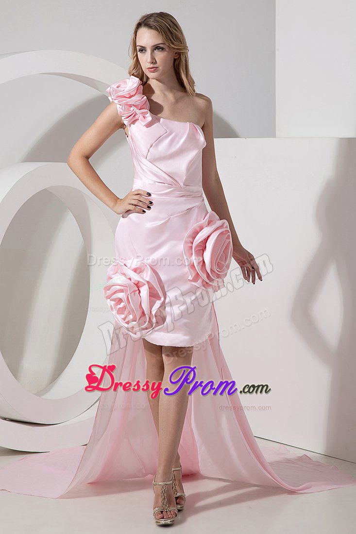 Sassy one Shoulder High-low Flowers Baby Pink Prom Dresses