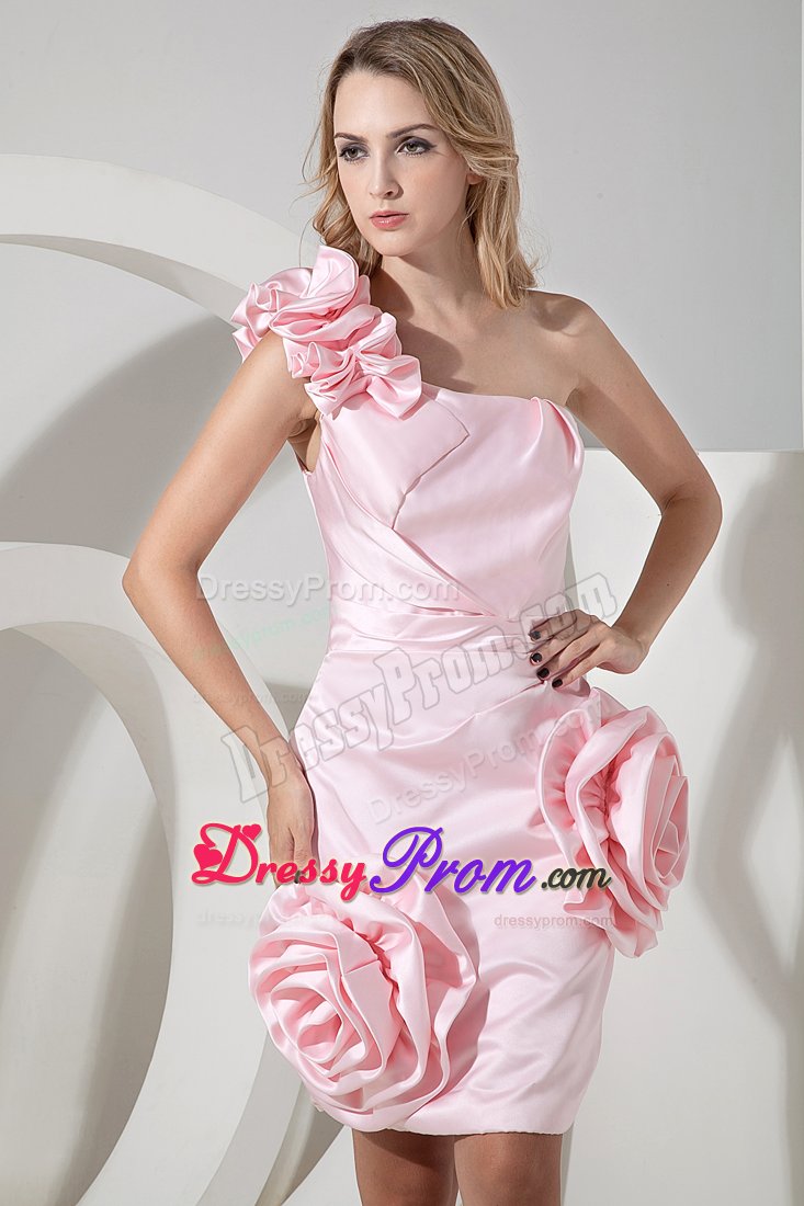 Sassy one Shoulder High-low Flowers Baby Pink Prom Dresses