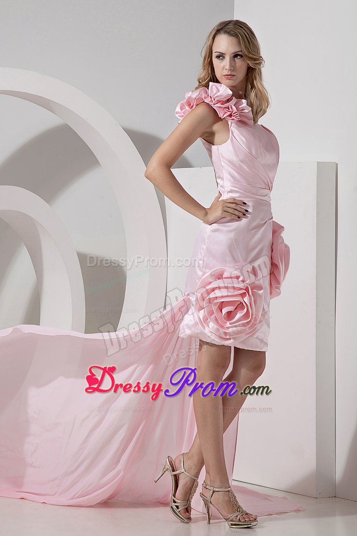 Sassy one Shoulder High-low Flowers Baby Pink Prom Dresses