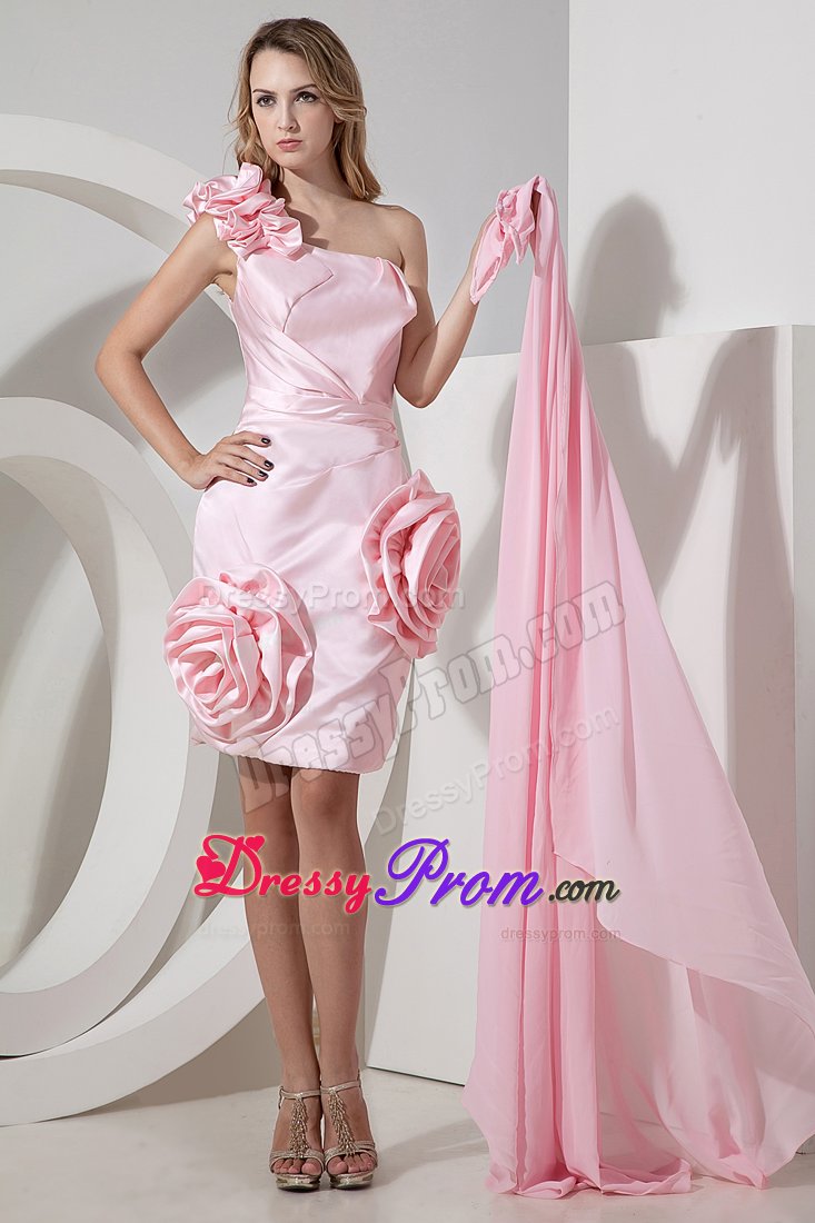 Sassy one Shoulder High-low Flowers Baby Pink Prom Dresses