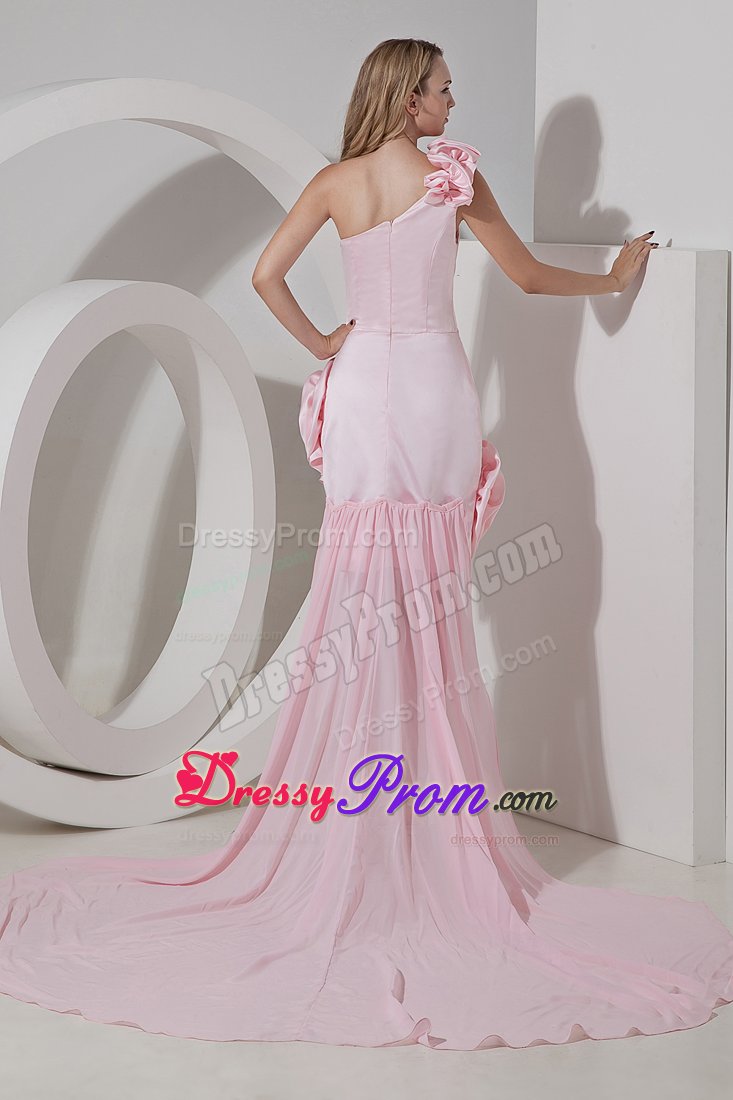 Sassy one Shoulder High-low Flowers Baby Pink Prom Dresses