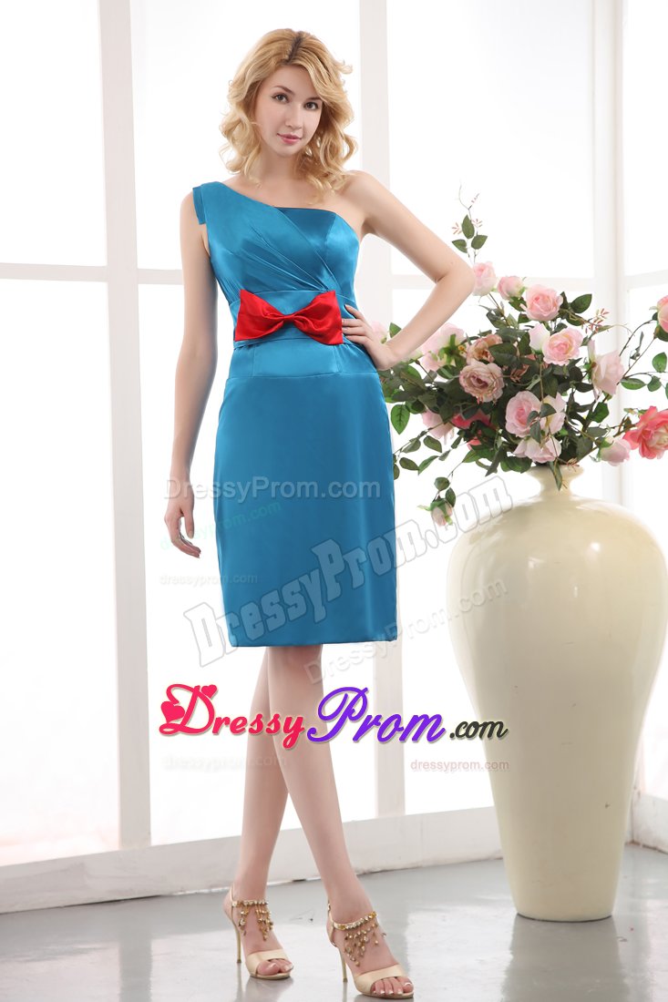 Unique one Shoulder Blue Mini Prom Holiday Dress with Red Bow