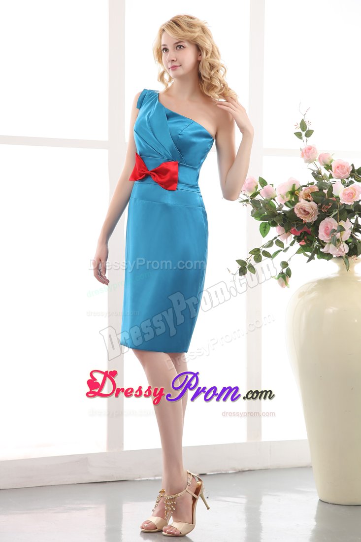 Unique one Shoulder Blue Mini Prom Holiday Dress with Red Bow