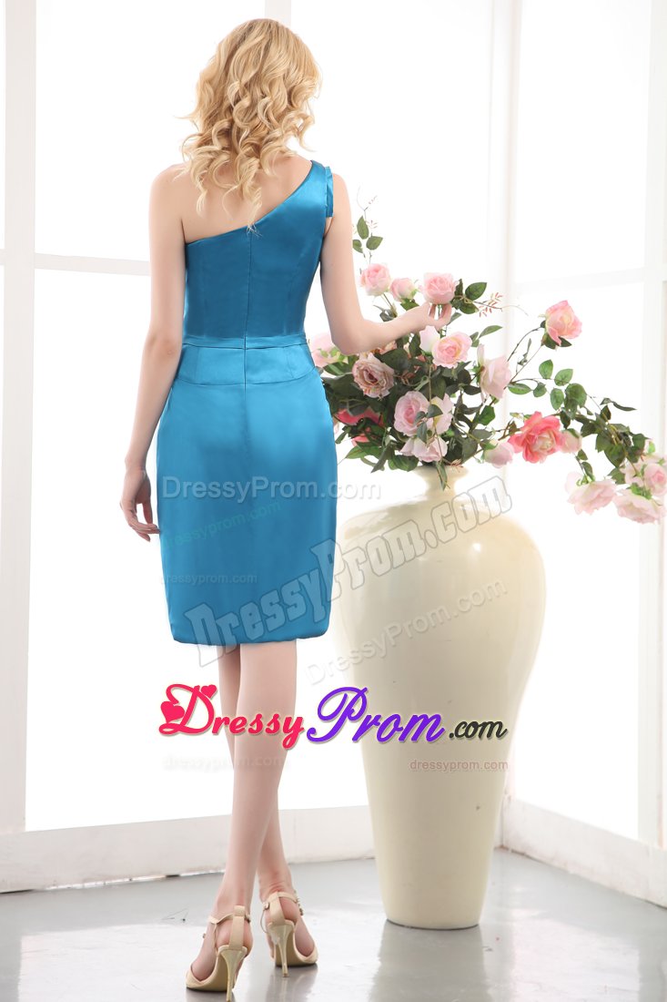 Unique one Shoulder Blue Mini Prom Holiday Dress with Red Bow