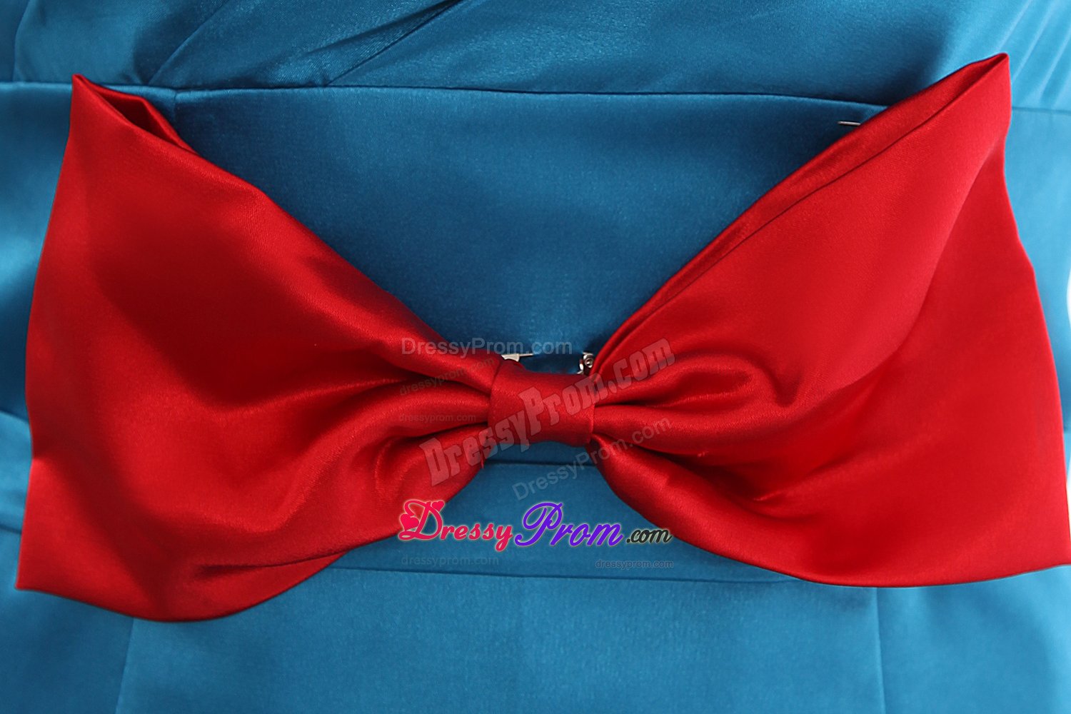 Unique one Shoulder Blue Mini Prom Holiday Dress with Red Bow