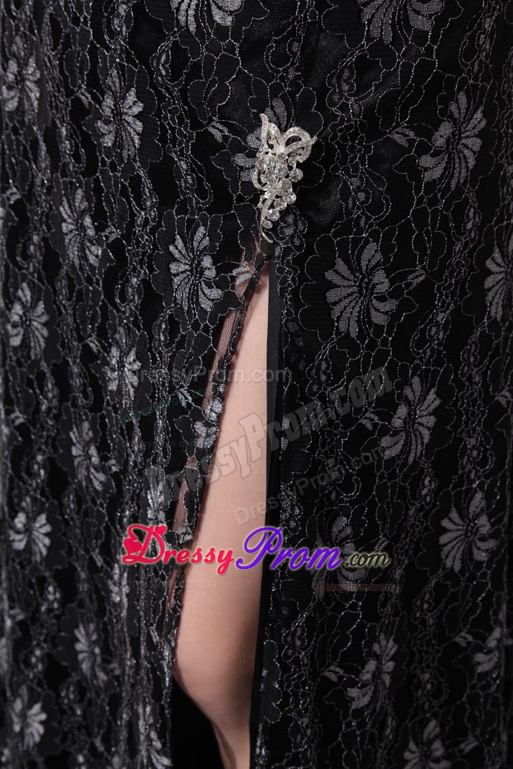 Wonderful Chapel Train V-neck Lace Prom Court Dresses in Black