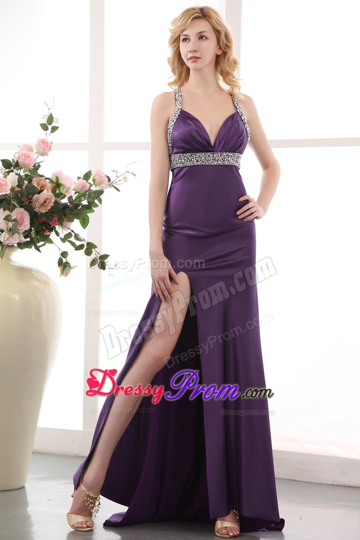 Dramatic Straps Slitted Purple Prom Dress with Crisscross Back