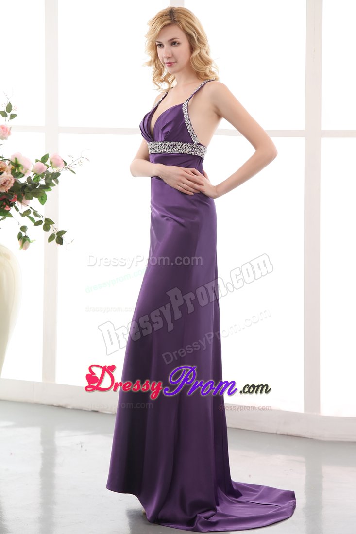 Dramatic Straps Slitted Purple Prom Dress with Crisscross Back