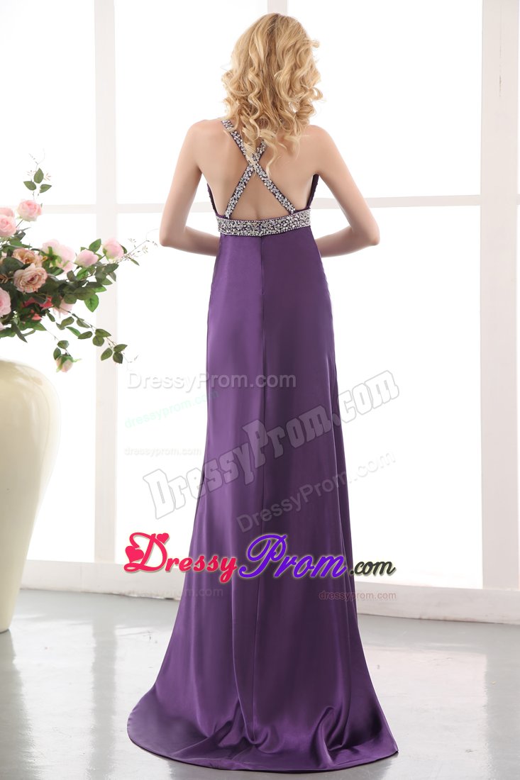 Dramatic Straps Slitted Purple Prom Dress with Crisscross Back