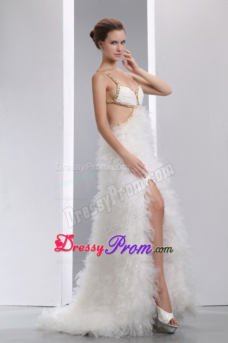 Dreamy White Spaghetti Straps Prom Dress with Crisscross Back