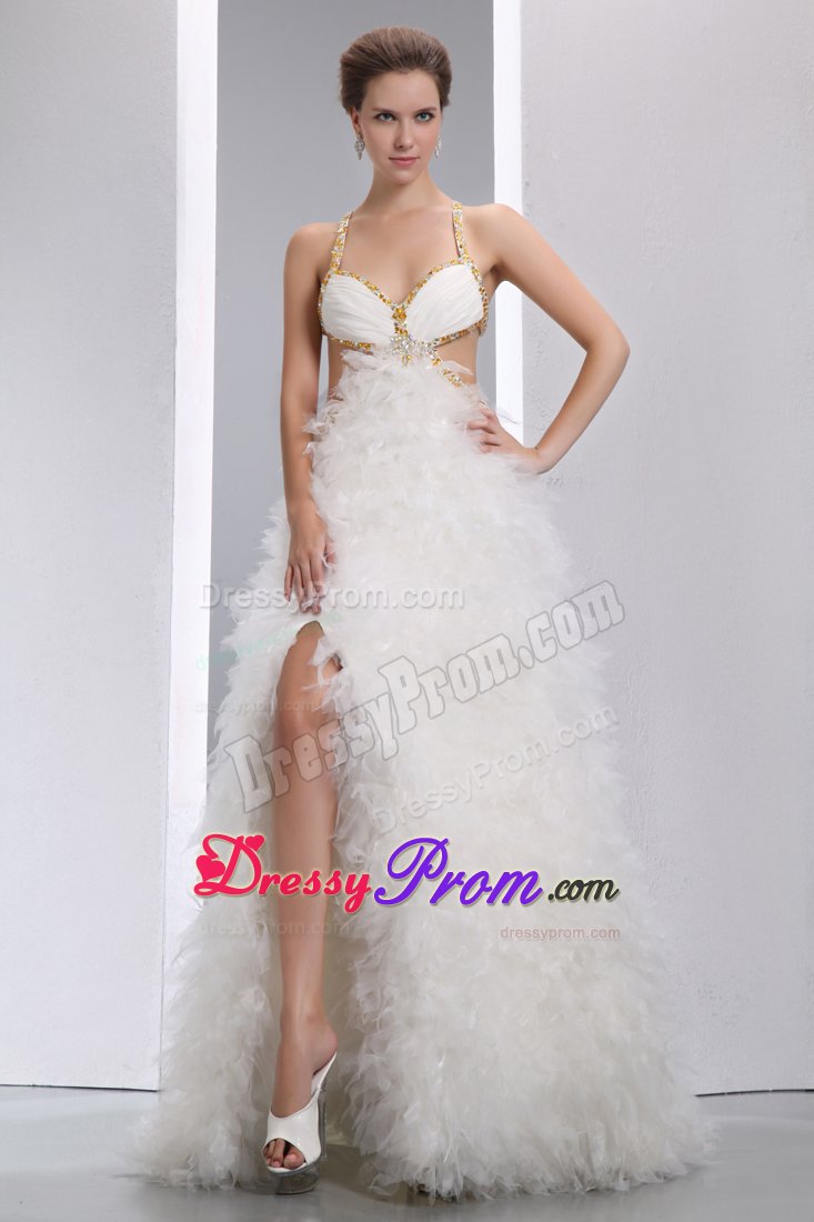 Dreamy White Spaghetti Straps Prom Dress with Crisscross Back