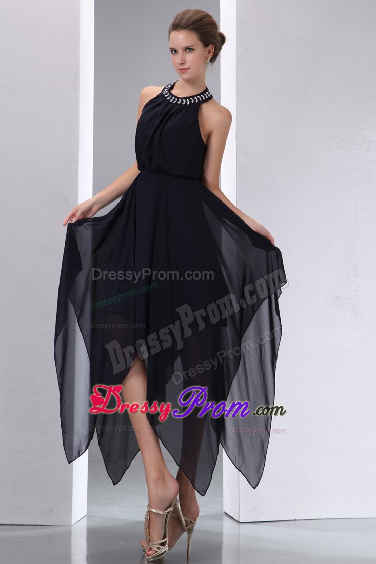 Exquisite Halter Top Black Prom Dress with Asymmetrical Hem