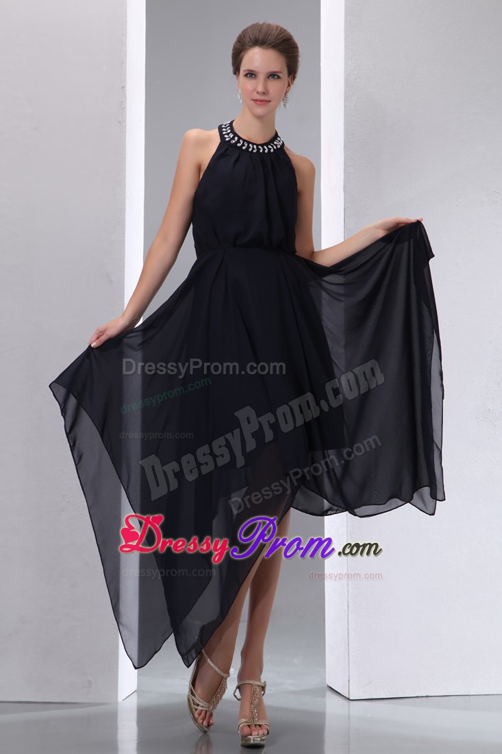 Exquisite Halter Top Black Prom Dress with Asymmetrical Hem