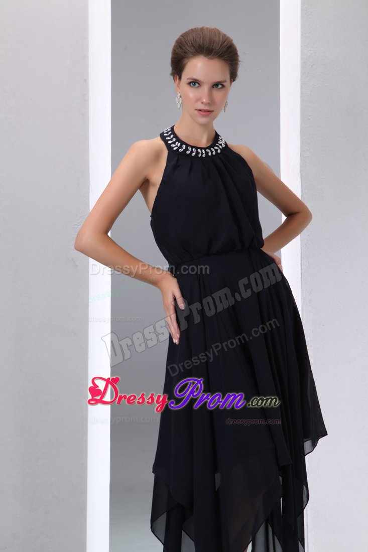 Exquisite Halter Top Black Prom Dress with Asymmetrical Hem
