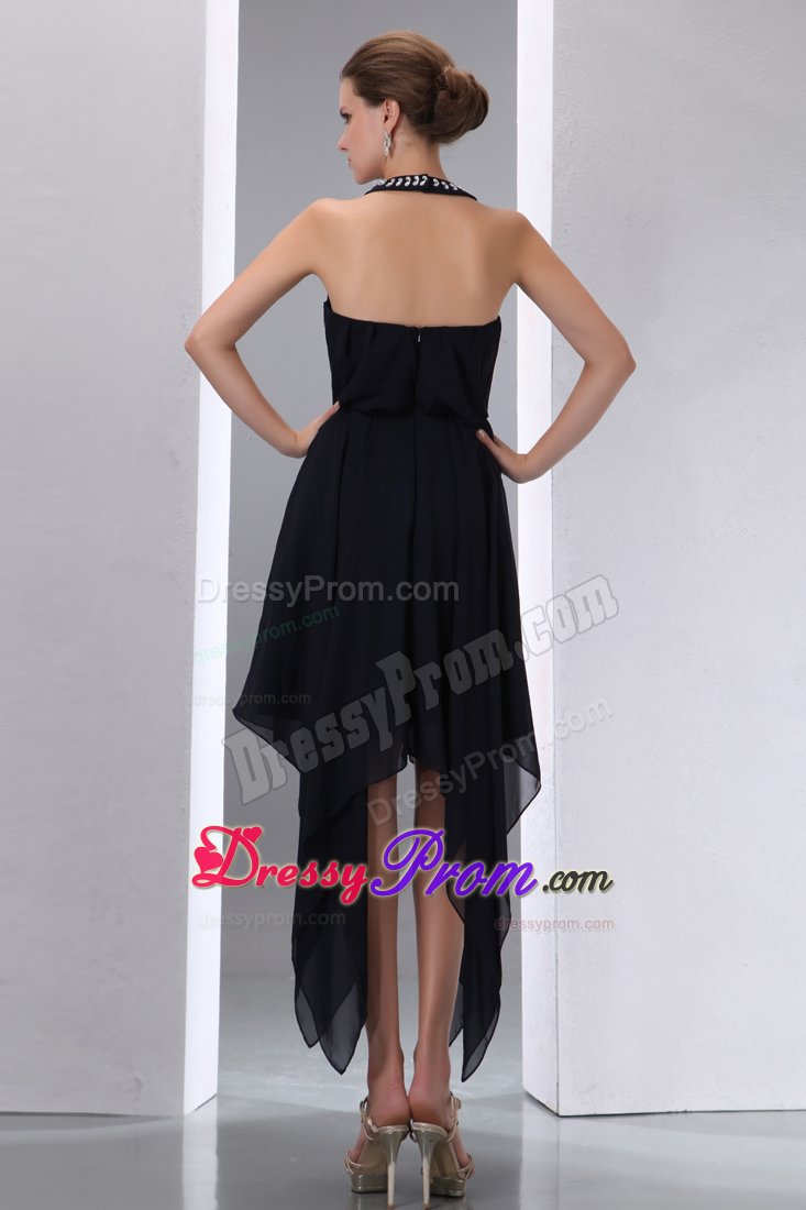 Exquisite Halter Top Black Prom Dress with Asymmetrical Hem