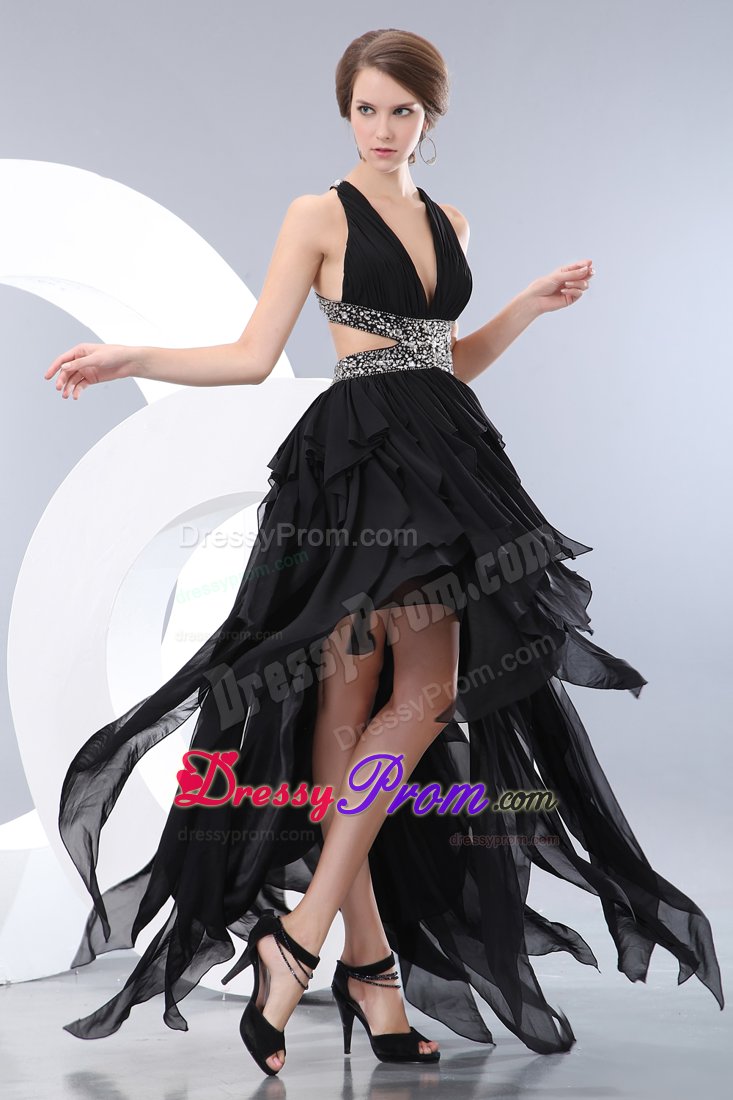 Sexy V-neck High-low Black Dress for Prom with Crisscross Back