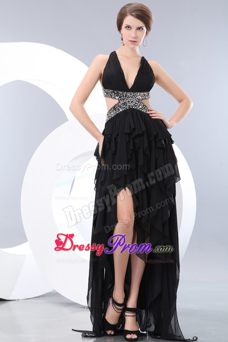 Sexy V-neck High-low Black Dress for Prom with Crisscross Back