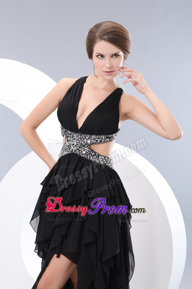 Sexy V-neck High-low Black Dress for Prom with Crisscross Back