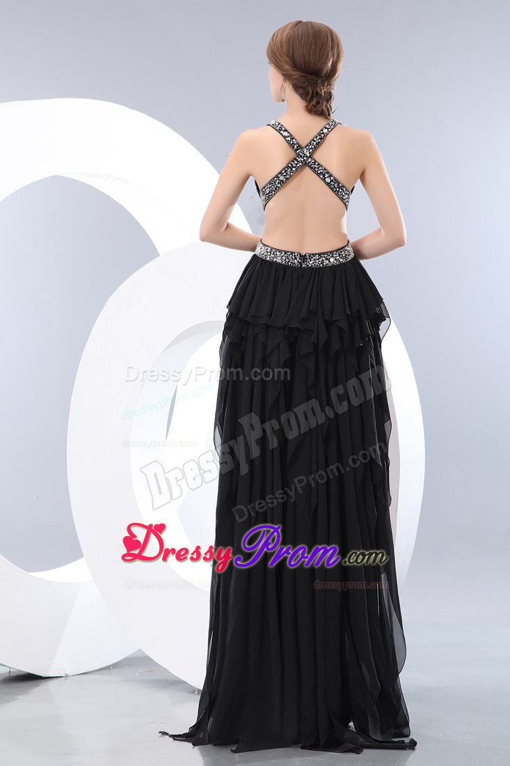Sexy V-neck High-low Black Dress for Prom with Crisscross Back