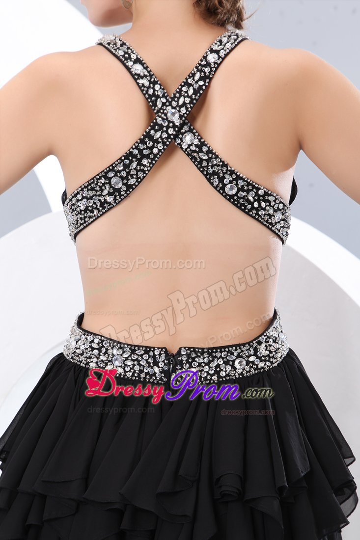 Sexy V-neck High-low Black Dress for Prom with Crisscross Back