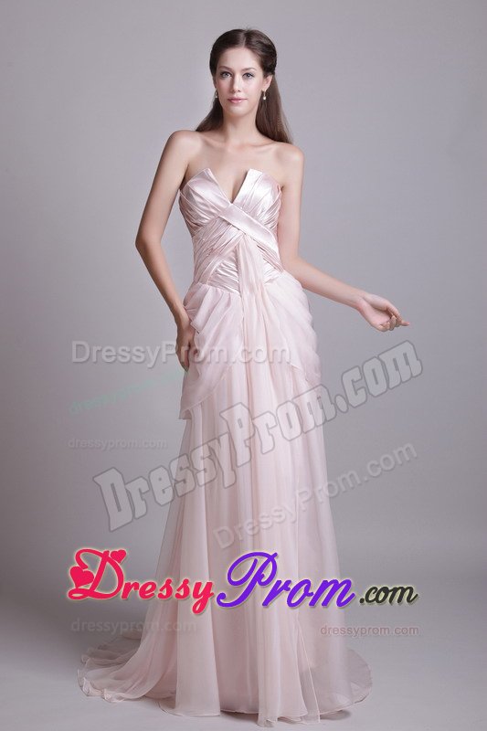 Pink Empire v Neck Prom Evening Dress with Brush Train and Ruches